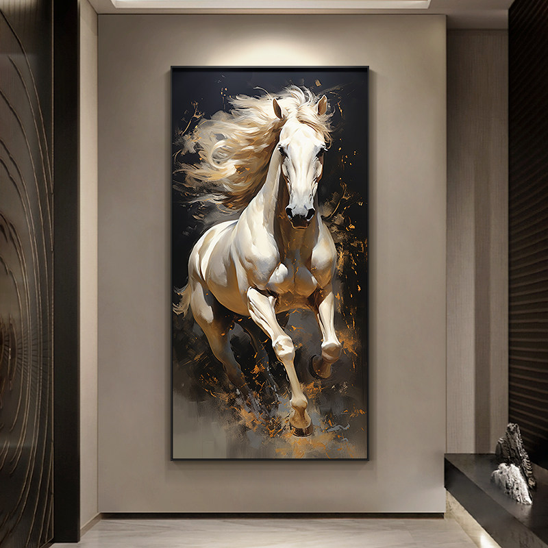 马到成功入户玄关装饰画骏马图客厅壁画现代轻奢走廊过道尽头挂画