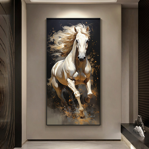 马到成功入户玄关装饰画骏马图客厅壁画现代轻奢走廊过道尽头挂画