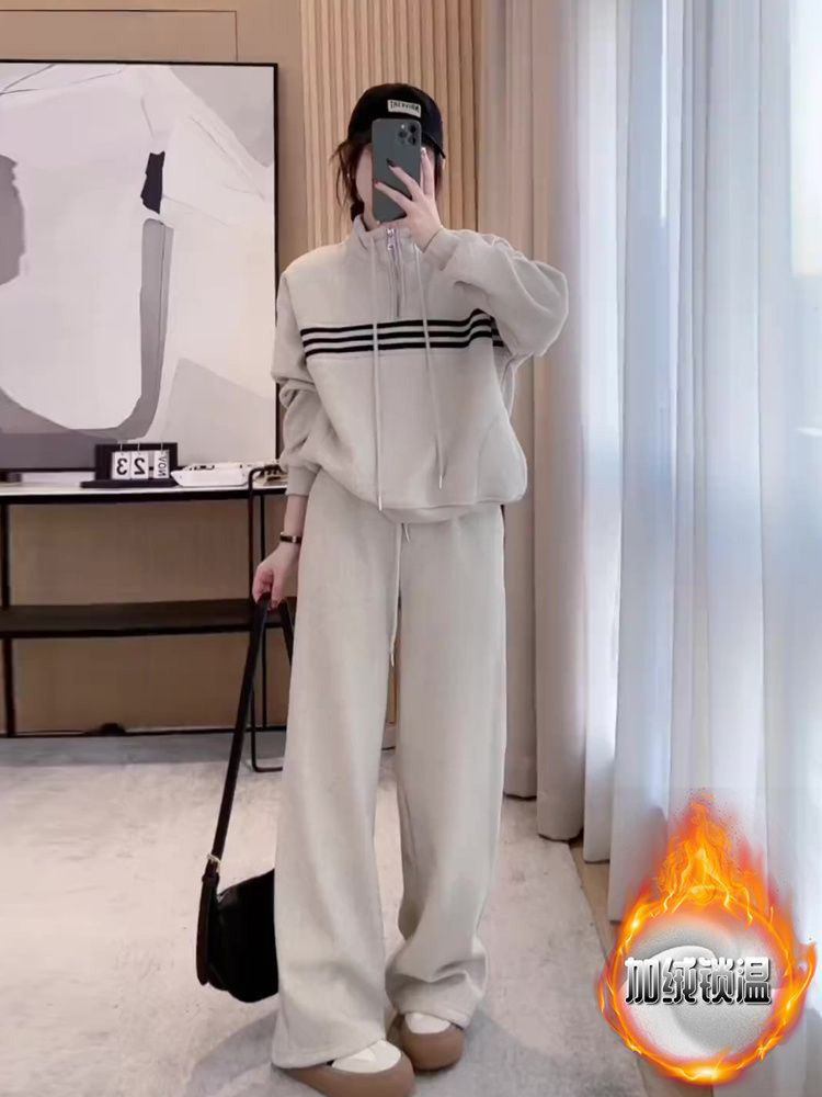 班奈悦杠条立领运动套装女秋冬加厚宽松卫衣高腰阔腿裤休闲两件套