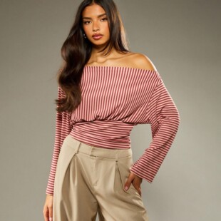 Striped One Shoulder Casual Waist Top条纹一字肩休闲收腰上衣