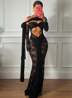 Perspective lace slim fitting jumpsuit long skirt 蕾丝连衣裙