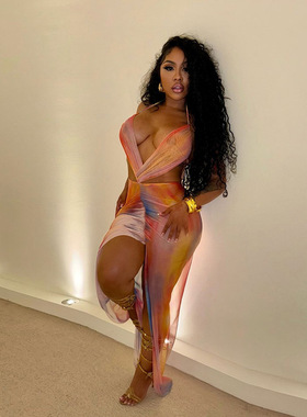 Lace up printed mesh patchwork dress系带印花网纱拼接连衣裙女