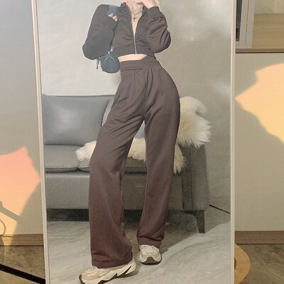 Women's Zipper Jacket Straight Pants Suit 拉链外套直筒裤套装