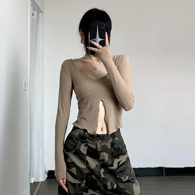 木耳边女装欧美长袖低胸上衣