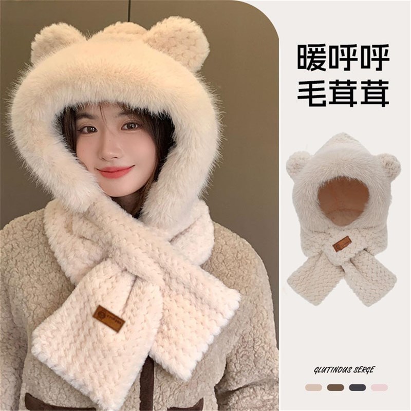 毛茸茸防寒帽子女全包大头显脸小围巾一体冬天骑车防风护耳帽保暖