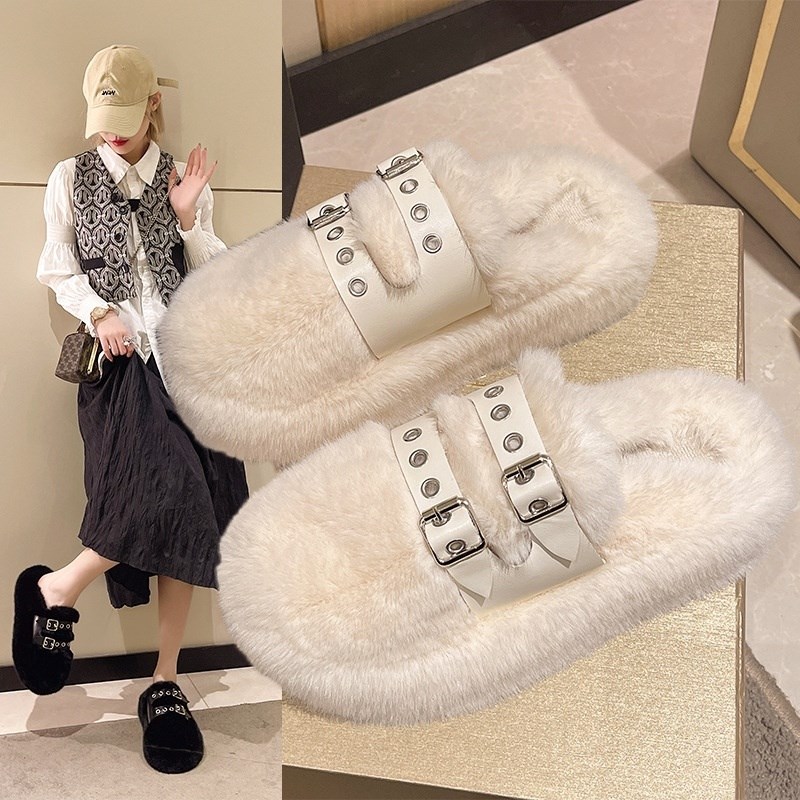 女款拖鞋冬可外穿厚底包头毛毛拖鞋女外穿增高百搭加绒女拖鞋外穿