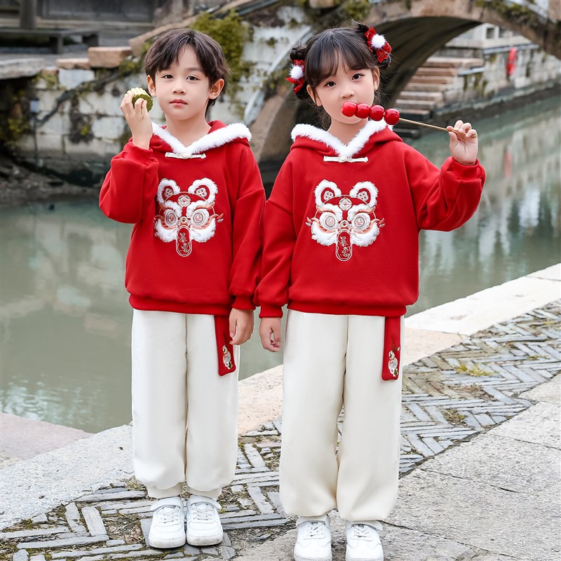 元旦儿童喜庆演出服拜年服女童加厚秋冬季卫衣新年喜庆男童表演服