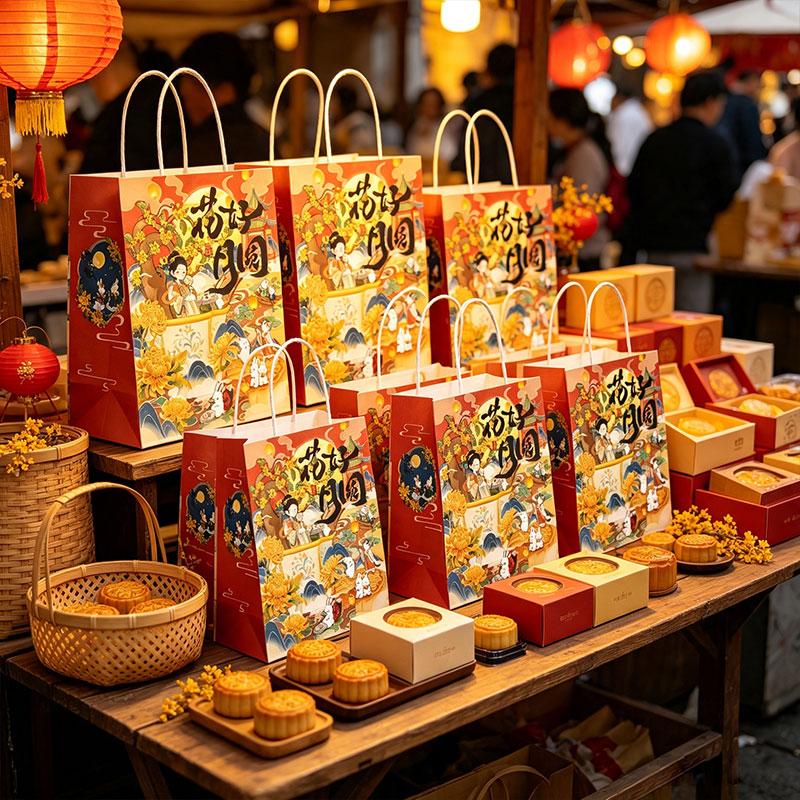 中秋节礼品袋月饼手提袋子红色牛皮纸袋包装盒高端伴手小礼物定制