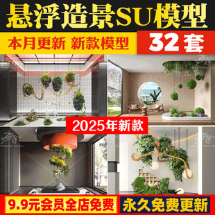 现代禅意新中式室内植物造景悬浮艺术装置吊饰挂饰小品苔藓SU模型