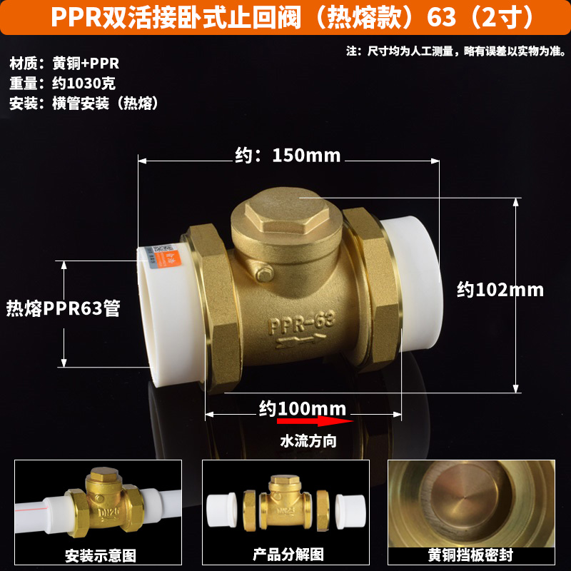 PPR水管止回阀PE双活接单向阀自来水管水表逆止阀铜卧式立式4分20
