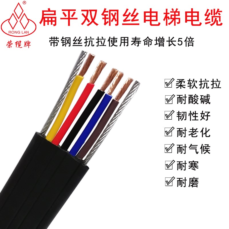 行车扁平电缆TVVB双钢丝2 3 4 5芯电动门空调电源线电梯随行扁线