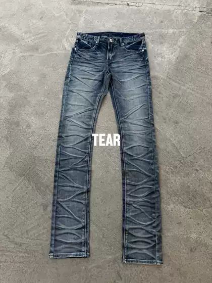 Tear Heaven Tear Blue Water Ripple Whisker Glitter Distressed Slim-Fit Jeans Skinny Pants
