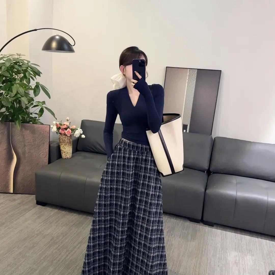 长袖t恤复古格纹半身裙两件套女