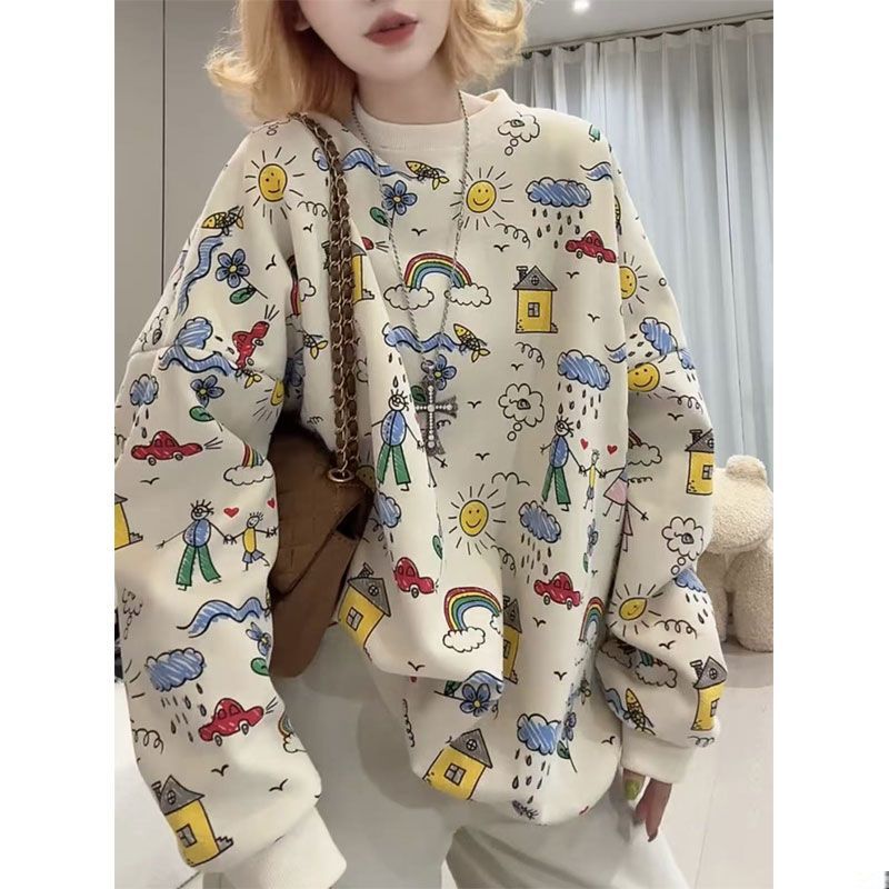 欧洲站涂鸦印花宽松韩版卫衣女款2025新款秋冬上衣慵懒风显瘦外套