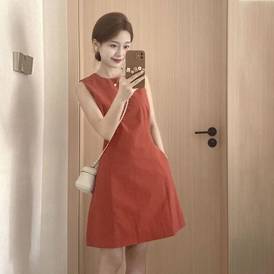 元气轻活风穿搭圆领红色背心裙女