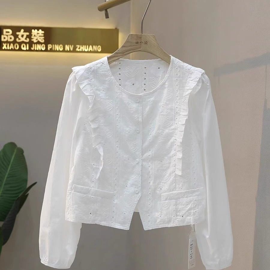 法式减龄白色镂空钩花衬衣女宽松