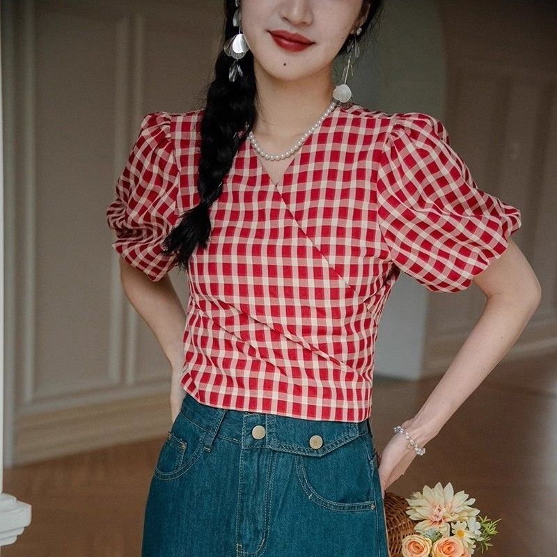 复古红色格子短袖女t恤夏季v领
