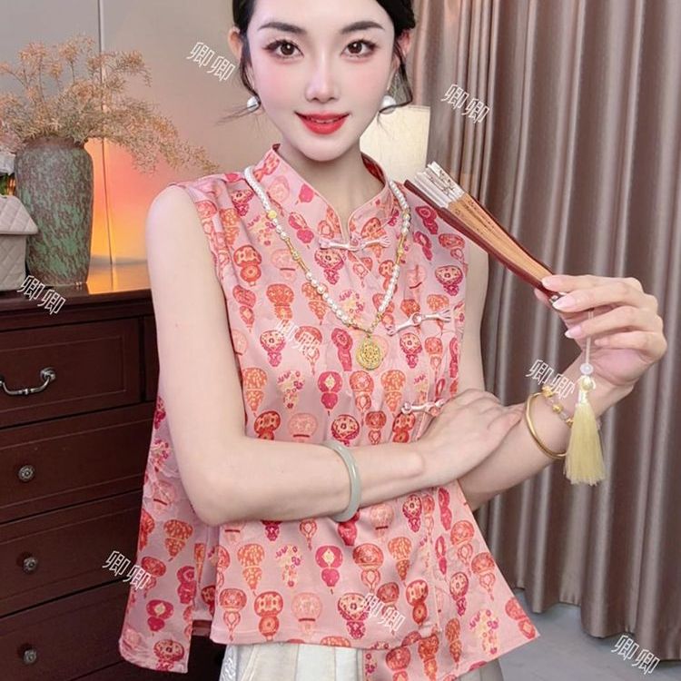 缎面印花显瘦立领不对称无袖衬衫