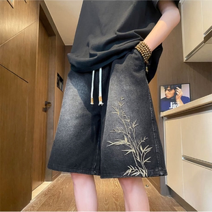 情侣高街水洗休闲宽松百搭五分裤 薄款 男夏季 国风竹子刺绣牛仔短裤