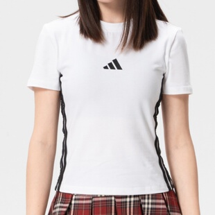 adidas/阿迪达斯女款夏季百搭短款条纹修身舒适圆领短袖T恤JE1239