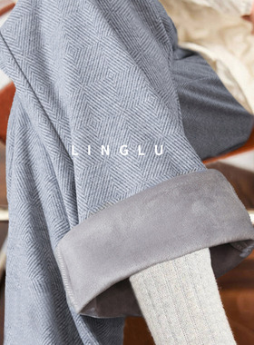 【菱形格纹】灰色羊毛休闲裤窄版加绒加厚阔腿裤女秋冬加长直筒裤