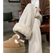 女冬季 2025新款 超厚实羊羔绒裤 加绒毛呢阔腿裤 子白色滑雪防风棉裤