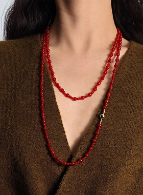 落岸ELOANE GALLERY红玛瑙长款毛衣链红色新年节日项链银镀金吸扣