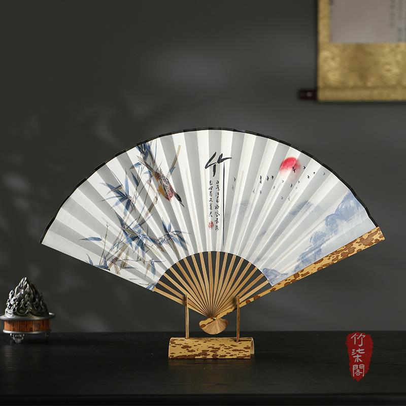 梅妃竹折扇古风国画扇子湘妃竹编扇文玩折扇宣纸扇面苏工骨扇竹扇