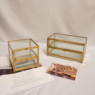 铜色双层玻璃首饰盒长方形双层抽屉玻璃盒透明首饰收纳珠宝展示柜