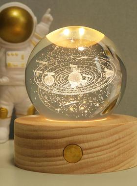 充电发光底座实木木质灯座小夜灯水晶球琉璃工艺品装饰锂电触摸
