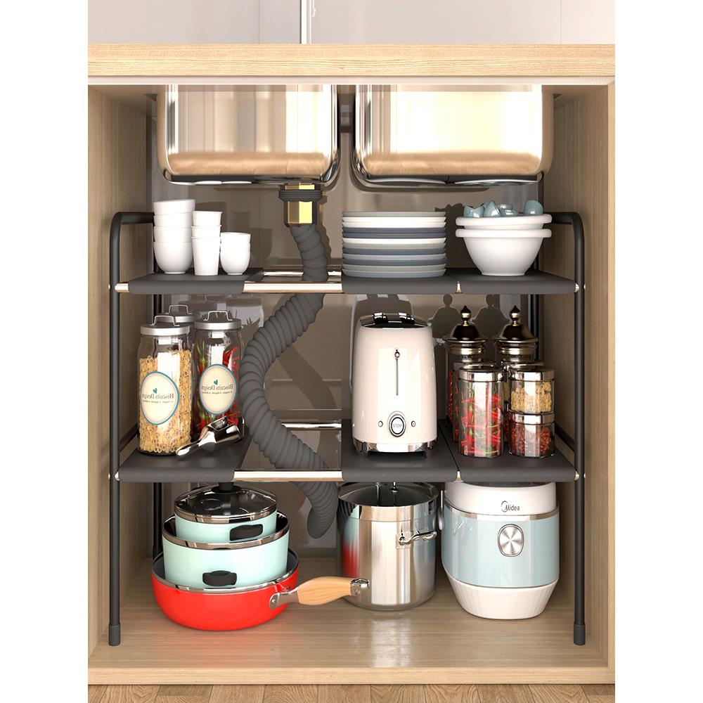 厨房下水槽置物架可伸缩橱柜内分层架储物层架多功能锅架收纳架子