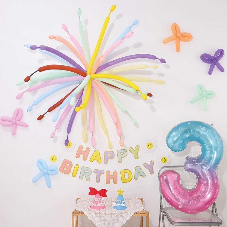 多巴胺马卡龙彩色烟花长条气球儿童生日场景装饰拍照道具数字毕业