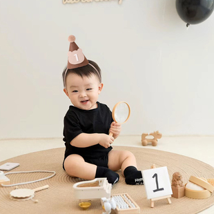 毛球数字生日帽儿童头饰男女孩宝宝一2周岁布置装饰拍照道具1百天