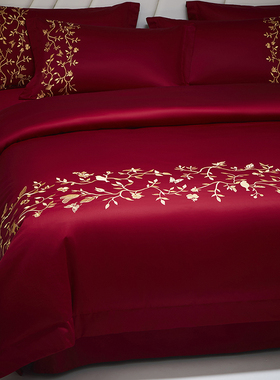 高端婚庆四件套100S长绒棉红色刺绣被套纯棉床单结婚礼物床上用品