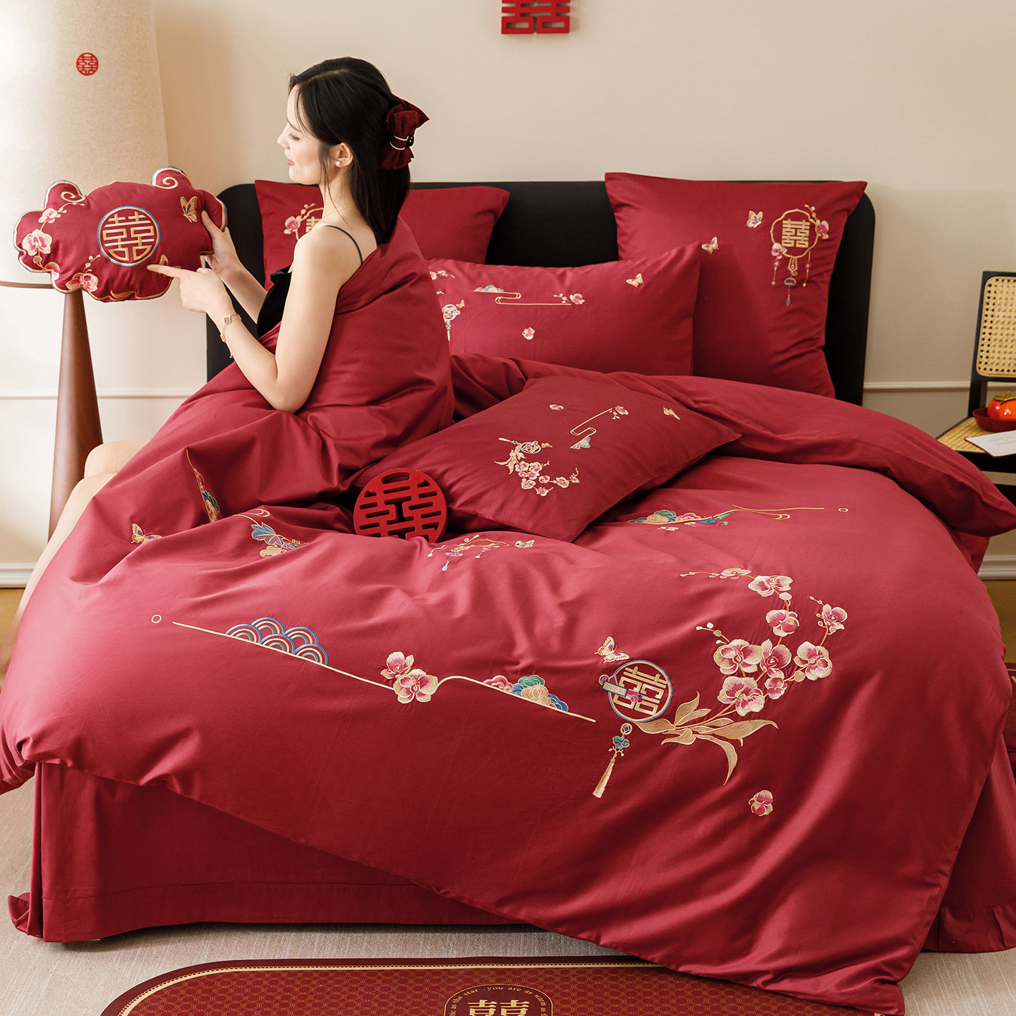 馨荷婚嫁高端新中式婚庆四件套喜字花卉被套红色纯棉结婚陪嫁床品