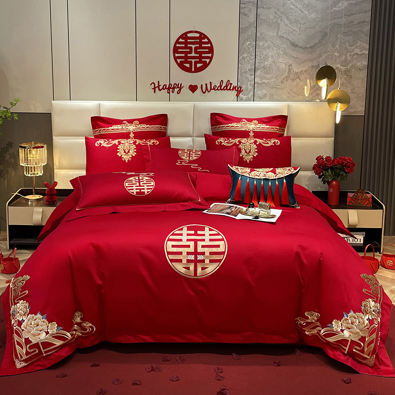 婚庆四件套全棉大红60支长绒棉被套陪嫁送礼高档婚房结婚床上用品