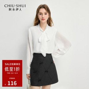 女休闲简约通勤H型上衣 衬衫 秋水伊人奥莱断码 清仓V型飘带领灯笼袖