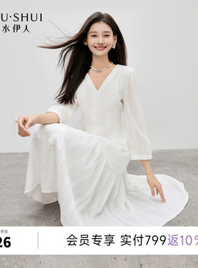 秋水伊人白色连衣裙女2026春季新款爆款中长款V领法式高级感裙子