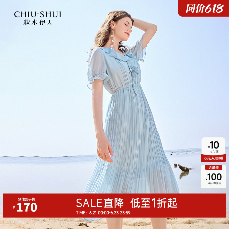 秋水伊人奥莱V领系带雪纺连衣裙女夏法式气质荷叶边显瘦短袖裙子