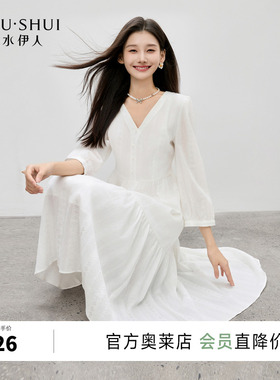 秋水伊人白色连衣裙女2026春季新款爆款中长款V领法式高级感裙子