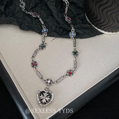 yyds 小众辣妹锁骨链vintage颈链 甜酷爱心克罗十字吊坠项链长款