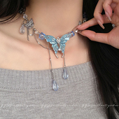 yyds 小众轻奢锁骨链配饰 爆款 重工蓝色水晶蝴蝶项链女款 2025新款