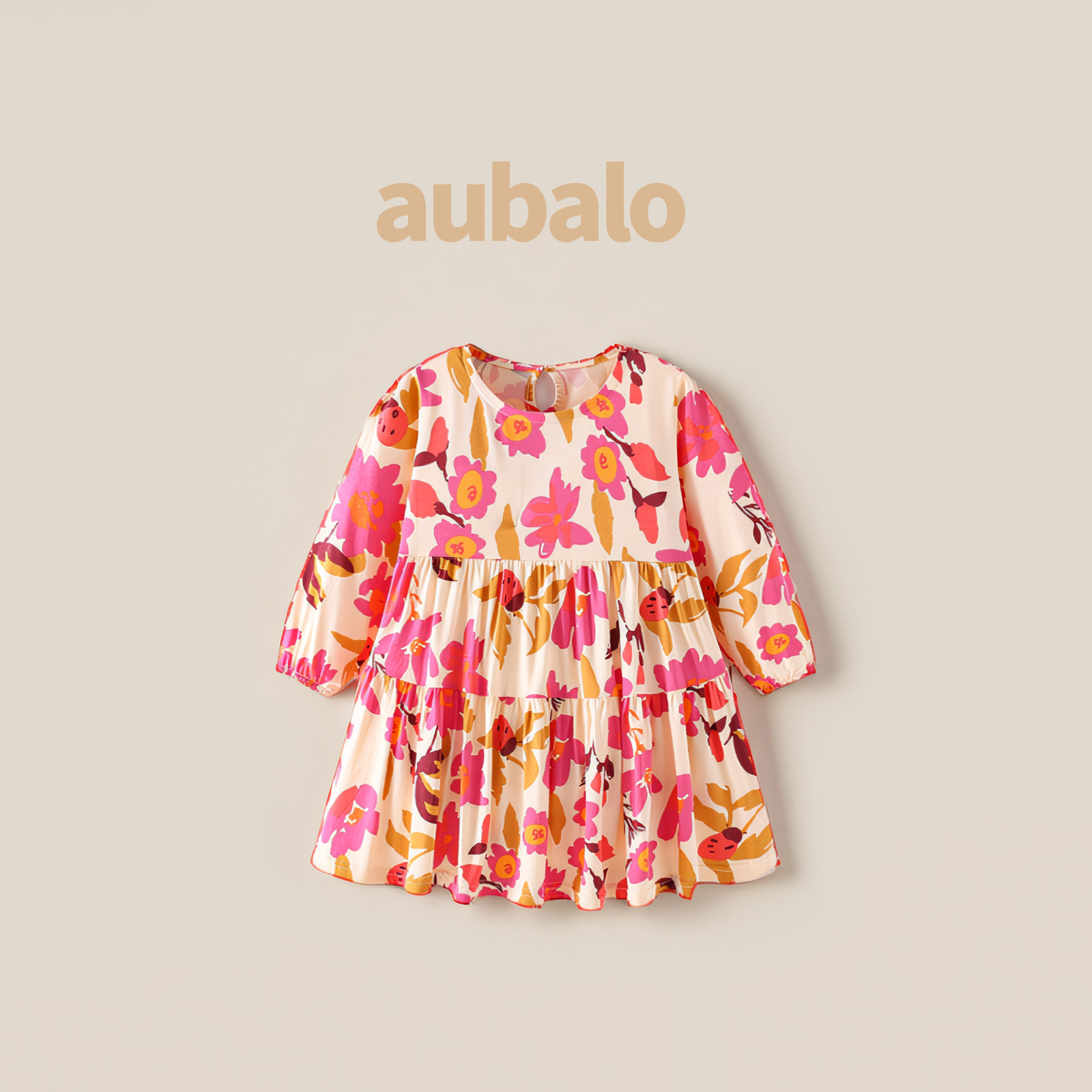 aubalo 女童印花长袖连衣裙秋季新款2025年儿童宽松休闲a字公主裙