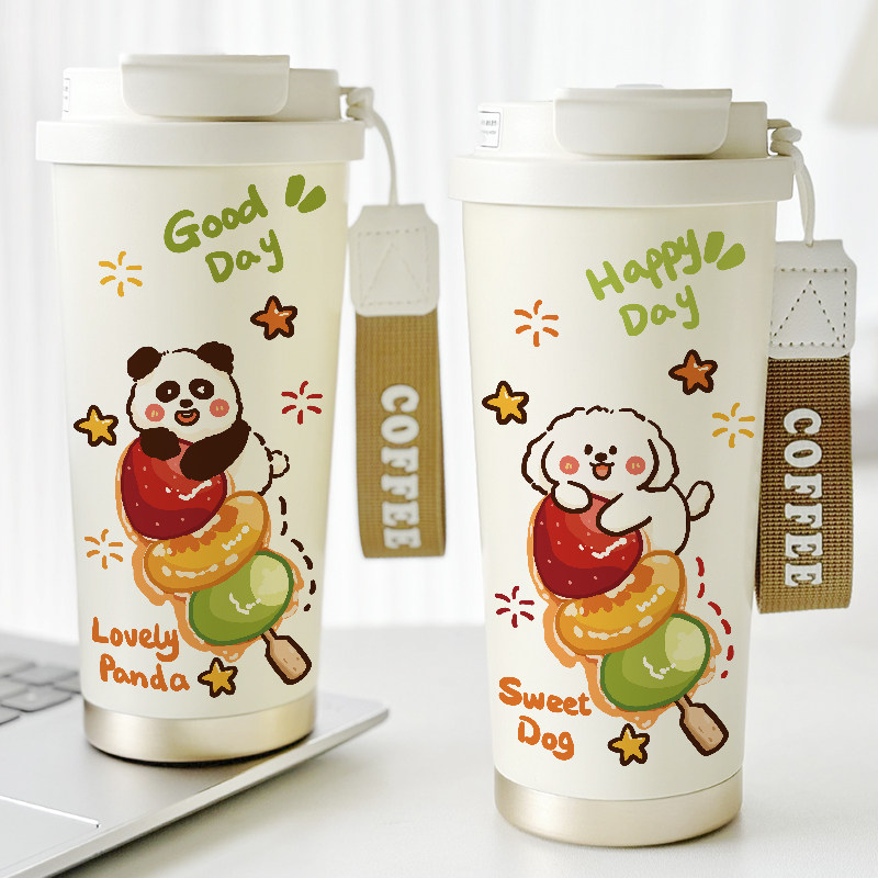 可爱小狗保温杯卡通熊猫水杯子女生高颜值超萌精致咖啡杯陶瓷内胆