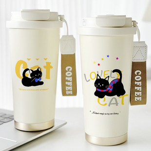 卡通可爱猫咪高颜值女款咖啡杯保温杯带吸管陶瓷内胆高颜值大容量