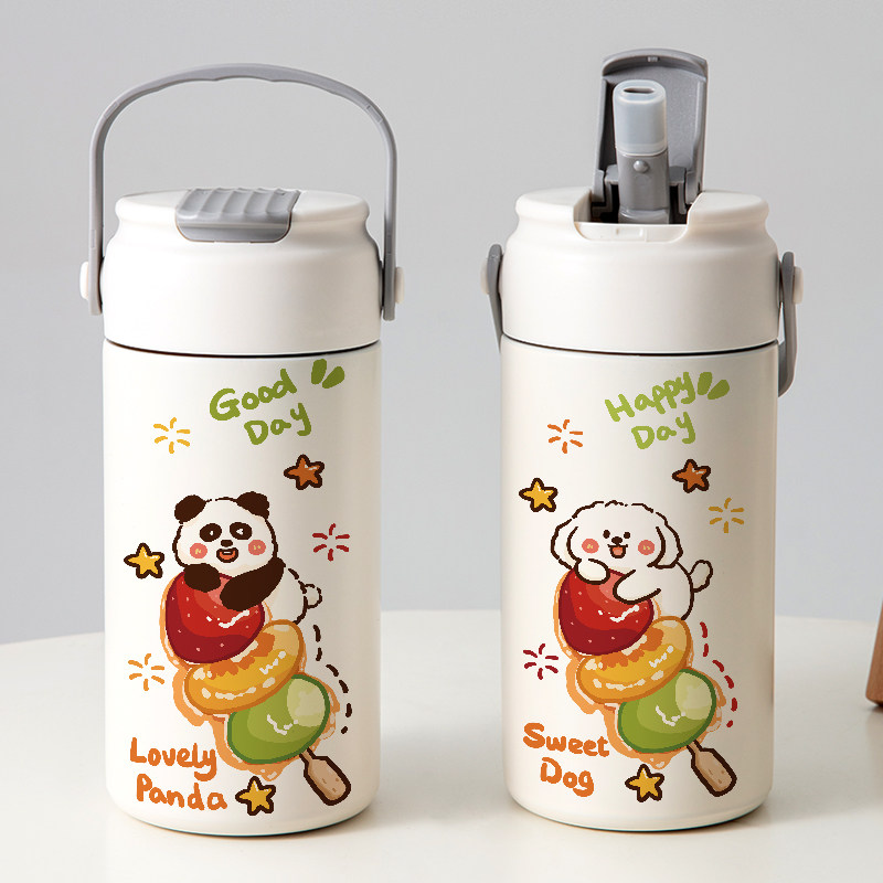 可爱小狗吸管保温杯卡通熊猫女生高颜值超萌精致水杯子带茶仓茶隔