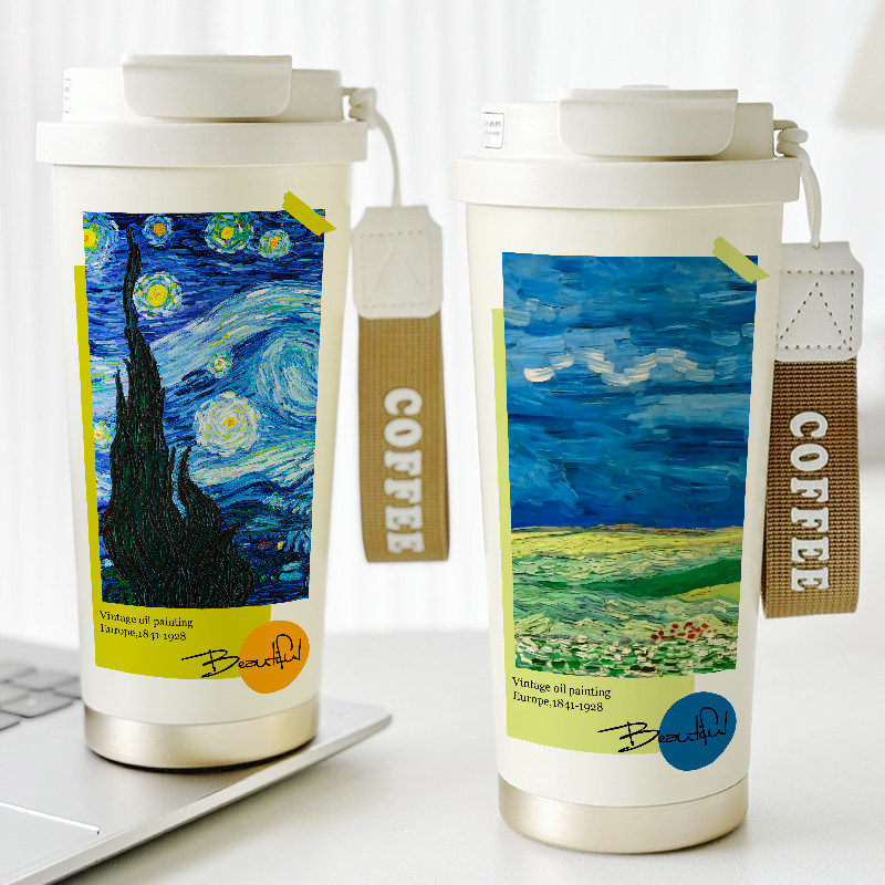 文艺风保温杯简约小清新水杯子复古油画梵高星空316不锈钢咖啡杯