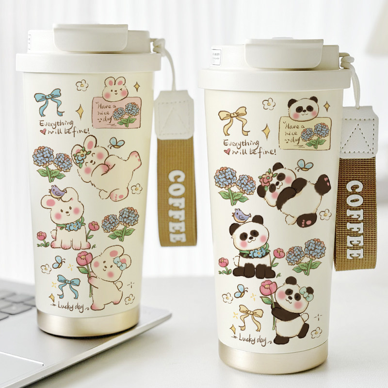 简约保温杯小清新熊猫创意水杯子小熊可爱卡通文艺咖啡杯陶瓷内胆