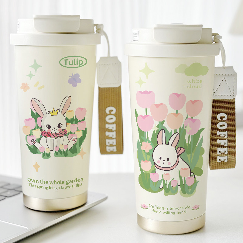 小白兔保温杯可爱卡通水杯子郁金香清新简约森系咖啡杯316不锈钢