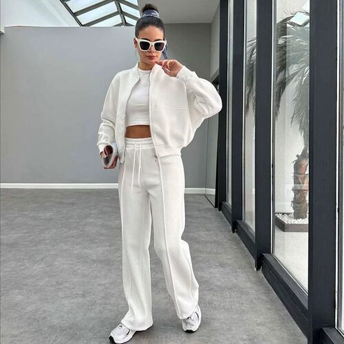 欧美风纯色加绒拉链开衫上衣直筒裤套装Zipper top and pants set